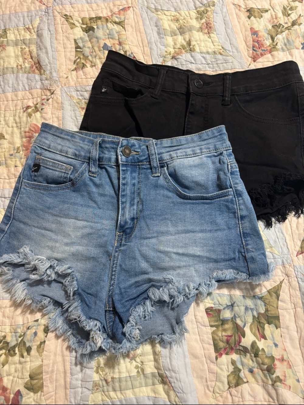 Kancan 2 Pairs of High-Rise Frayed Hem Denim Shorts - Light Blue and Black